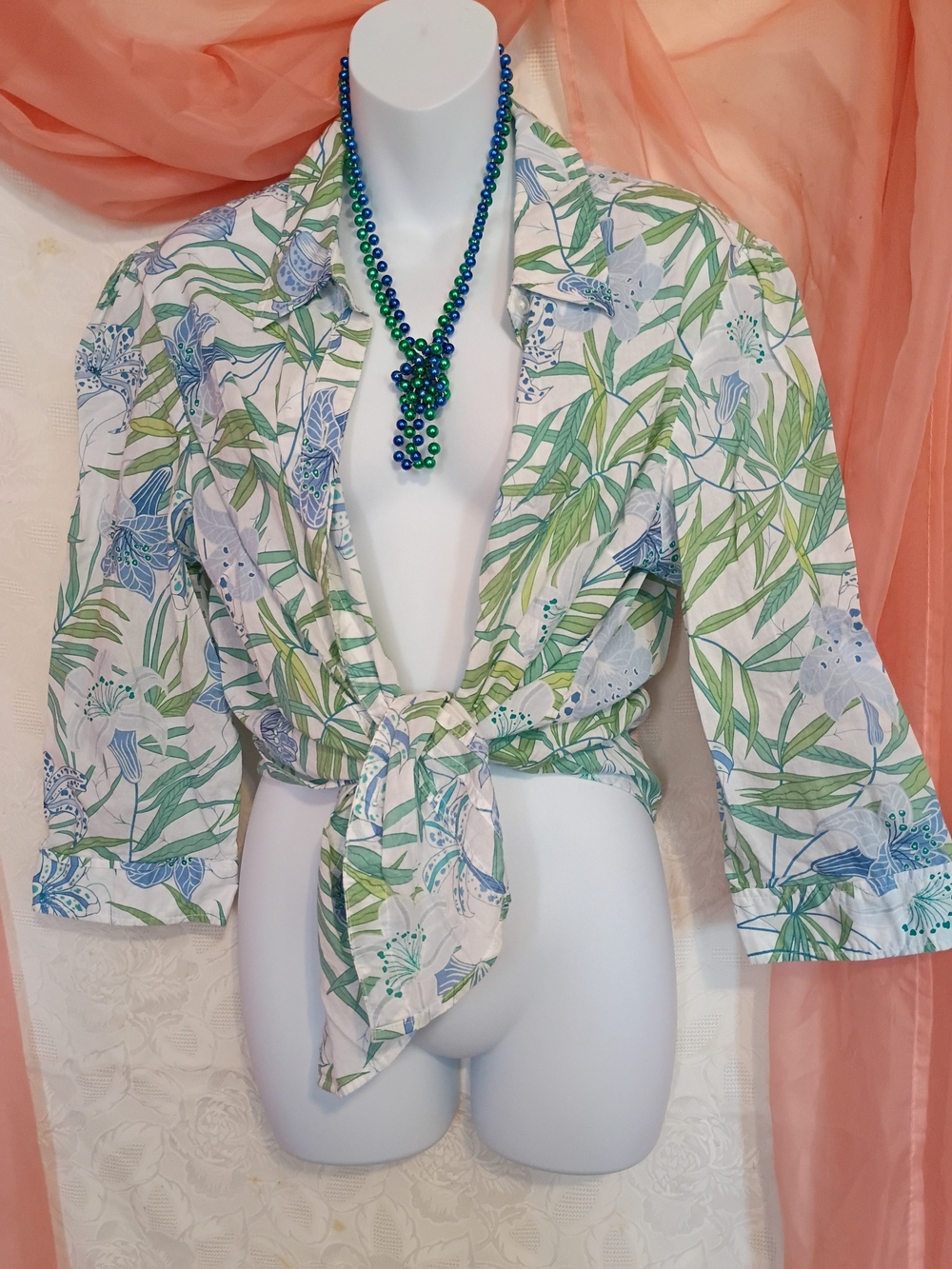Caribbean Joe Women's Button Down Shirt - White, Green & Blue Floral Sz XL